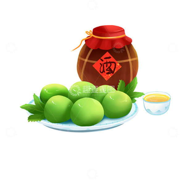 源文件下载【趣麦麦图】-手绘卡通清明节青团酒坛酒杯艾叶素材