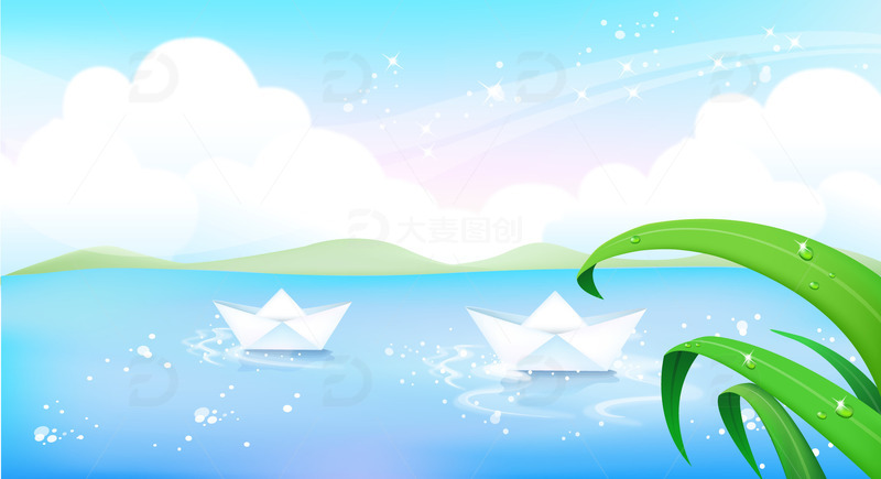 春天梦幻春季绿叶露珠纸船水面云朵白云