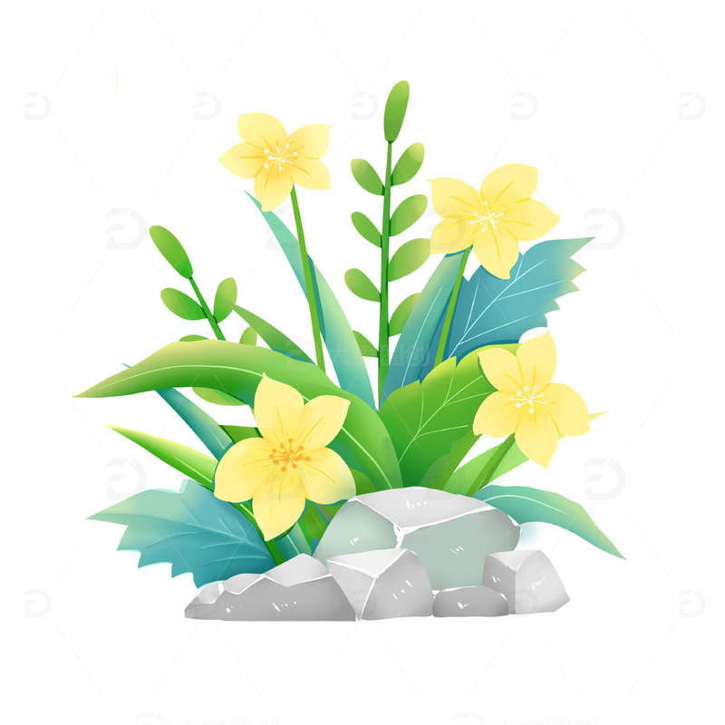 手绘春天花朵小草岩石装饰元素