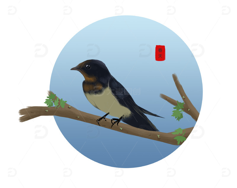 源文件下载【趣麦麦图】春天燕子栖息枝头发芽艺术氛围感