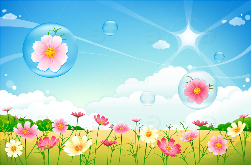 春天春分春天场景花朵鲜花花束气泡蓝天