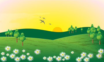 春天春季草地花朵树木夕阳太阳