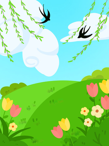 春分绿色柳树花草蓝天白云郁金香燕子