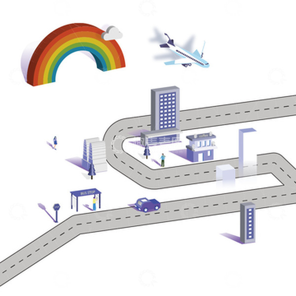 源文件下载【趣麦麦图】2.5D都市楼房建筑飞机人物松树彩虹