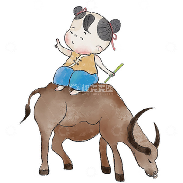源文件下载【趣麦麦图】清明节牧童与牛水彩手绘插画元素