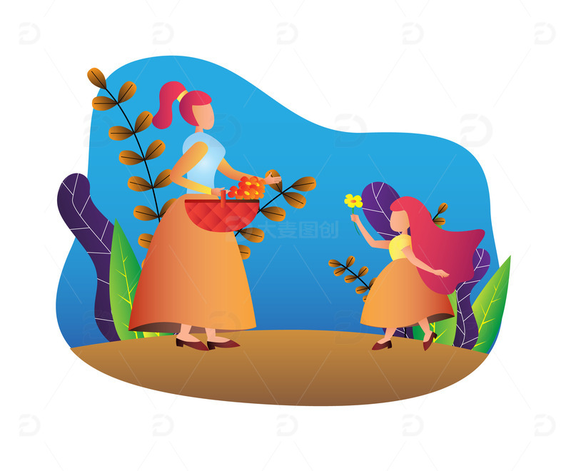 春天春分母女踏春花朵绿叶春天场景
