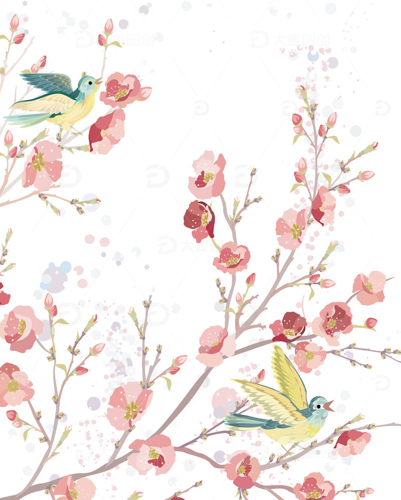 水彩画鸟桃花樱花春天花朵古风复古