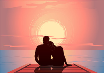 情侣夕阳依偎浪漫海面约会