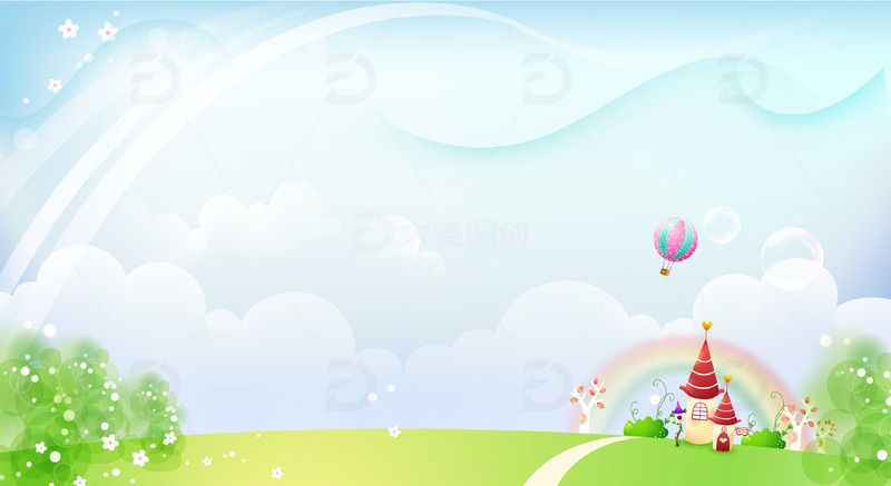 春天春季草地卡通城堡白云梦幻