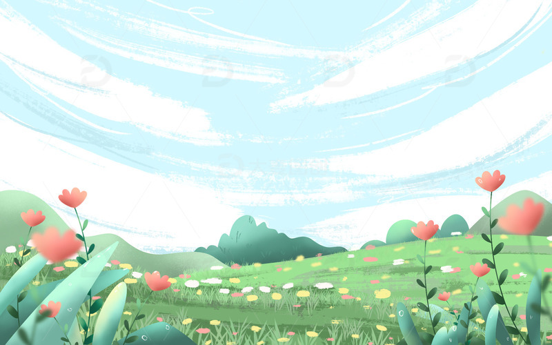 手绘春天花朵白云草坪春风草地小清新背景