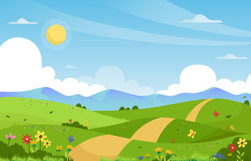 春天春天场景踏春鲜花草地道路天空云朵风景