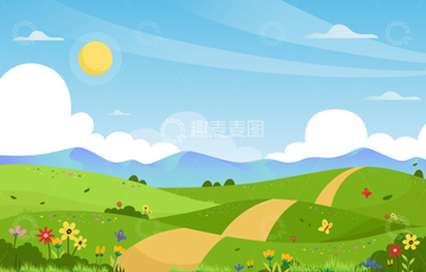 源文件下载【趣麦麦图】春天春天场景踏春鲜花草地道路天空云朵风景