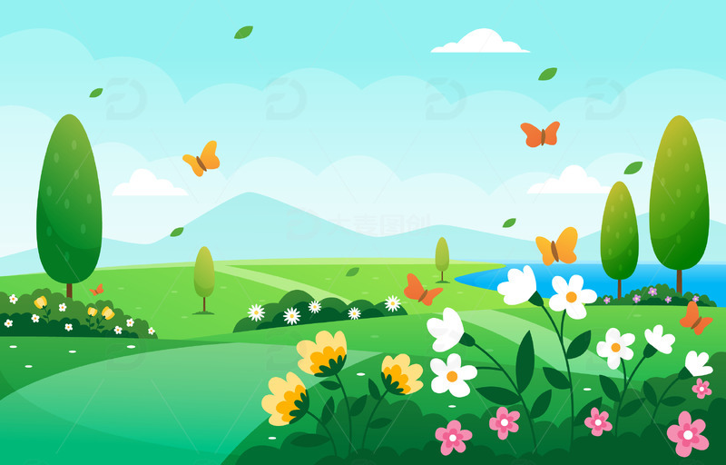 春天春季花朵花丛草地踏春蝴蝶绿叶