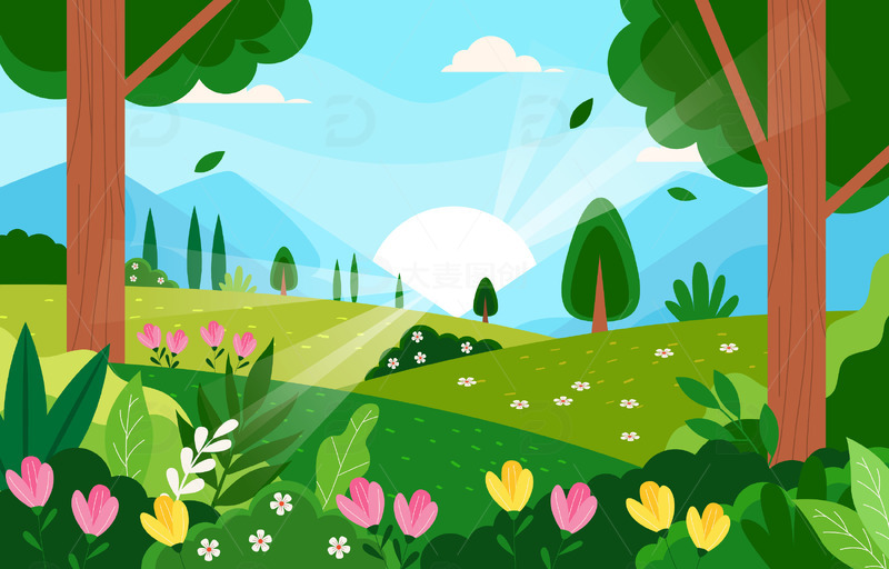 春天春季树林草地花朵花丛春天场景踏春