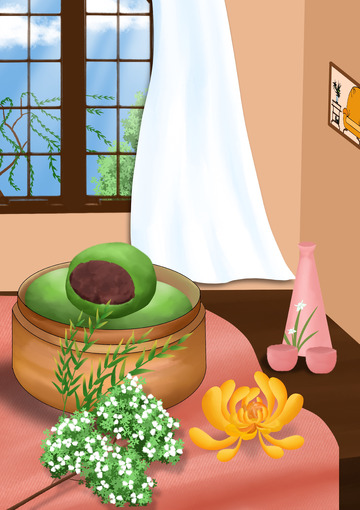 清明节青团菊花柳树背景