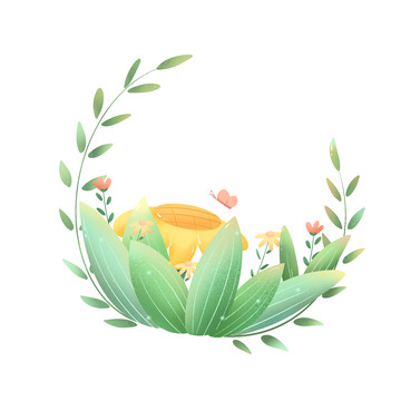 手绘春天春分绿植可爱花草花朵蝴蝶向日葵