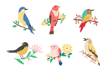 春天树枝小鸟枝头栖息动物手绘小鸟