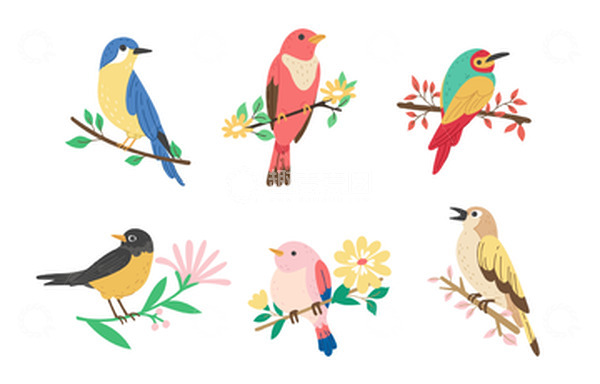 源文件下载【趣麦麦图】-春天树枝小鸟枝头栖息动物手绘小鸟