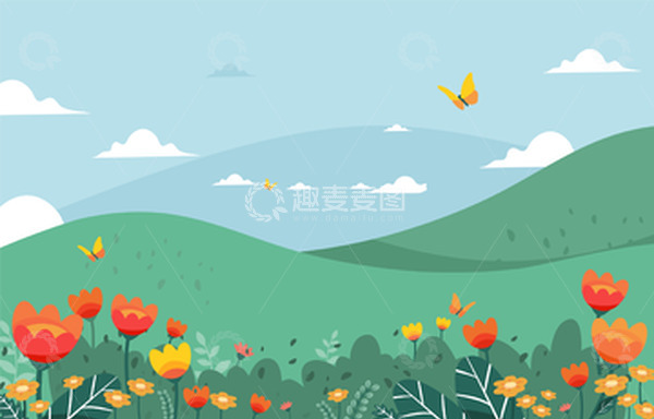 源文件下载【趣麦麦图】春天花朵蝴蝶云朵花丛鲜花