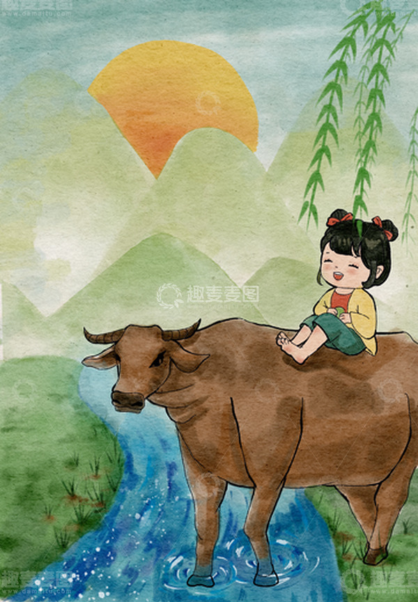 源文件下载【趣麦麦图】清明节牧童骑黄牛背景
