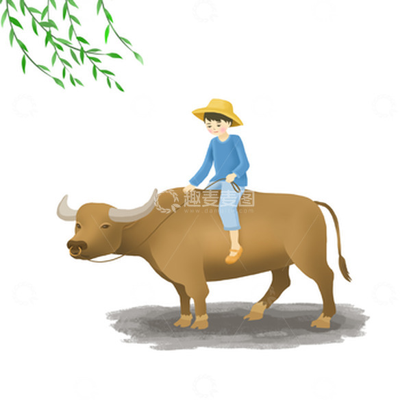 源文件下载【趣麦麦图】小清新清明节牧童水牛柳条