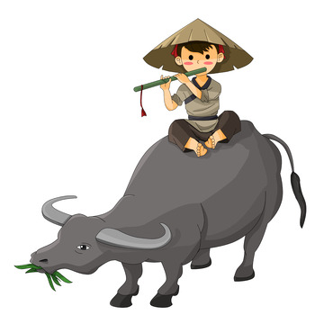 骑在牛背上吹笛子戴斗笠的牧童