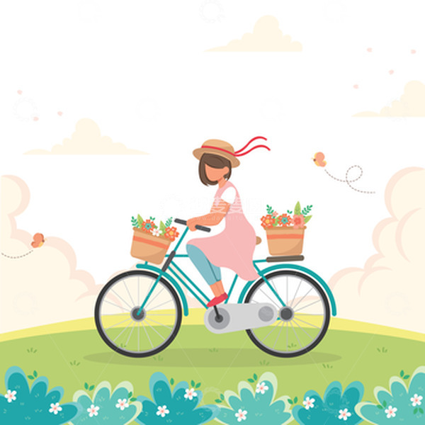 源文件下载【趣麦麦图】-春天女孩单车花朵踏春蝴蝶郊游