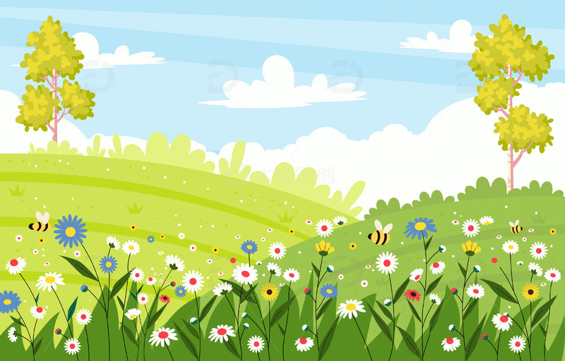 春天春季花朵花束鲜花草地草坪天空云朵