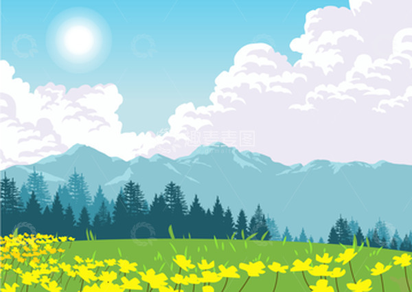 源文件下载【趣麦麦图】-春天春季花朵草地云朵树木