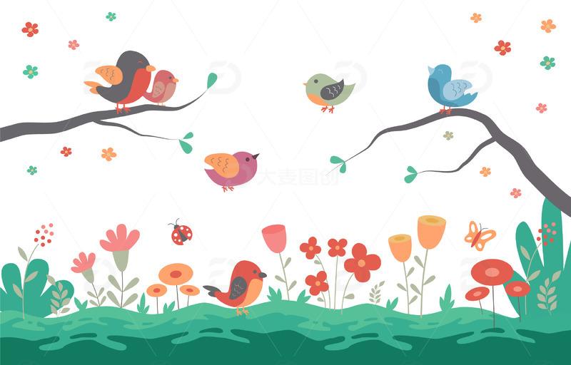 春天春季惊蛰花朵鸟树枝瓢虫蝴蝶