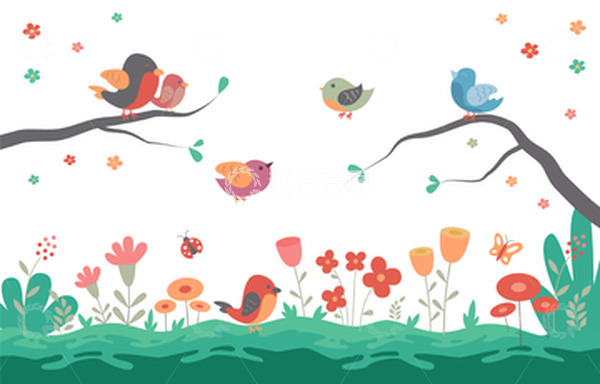 源文件下载【趣麦麦图】-春天春季惊蛰花朵鸟树枝瓢虫蝴蝶