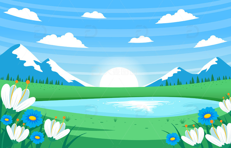 春天春季花朵鲜花草坪远山云朵天空