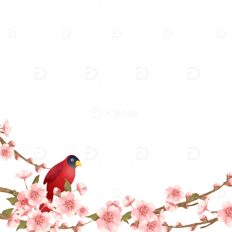 源文件下载【趣麦麦图】-春天春季枝头小鸟花朵花枝桃花樱花