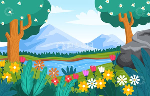 源文件下载【趣麦麦图】-春天春季花朵花丛树木小河河面