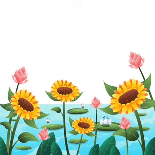 源文件下载【趣麦麦图】初夏夏天荷花向日葵荷叶水面装饰花朵