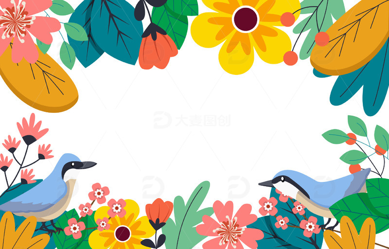 春天花朵花丛绿叶叶子鸟装饰花朵