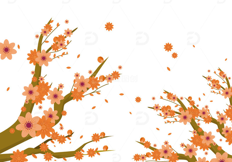 春天花朵树枝花瓣飘落樱花剪纸花朵