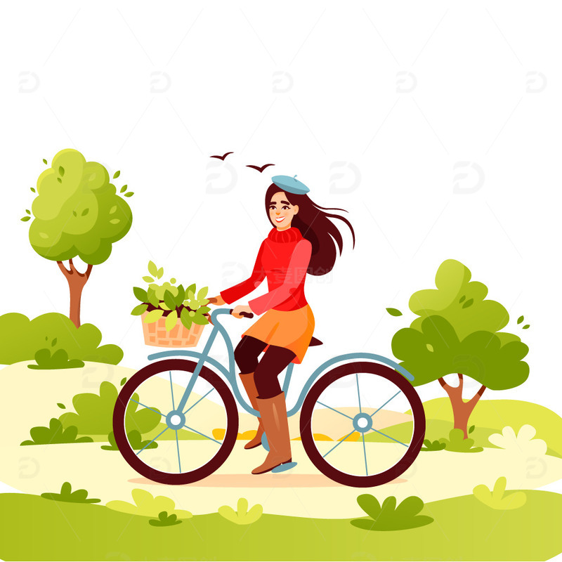 春天手绘女孩单车春天场景踏春春游