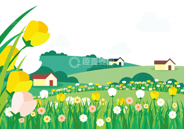 源文件下载【趣麦麦图】-春天花朵花丛房屋田园风景