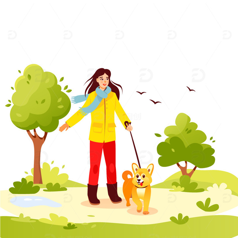 春天手绘女孩狗遛狗户外草地踏春春游