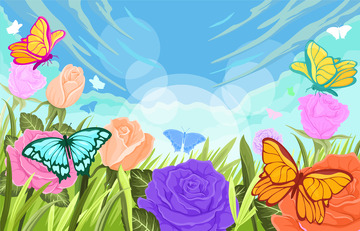 春天春季花朵蝴蝶草丛天空