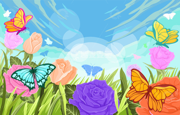源文件下载【趣麦麦图】-春天春季花朵蝴蝶草丛天空