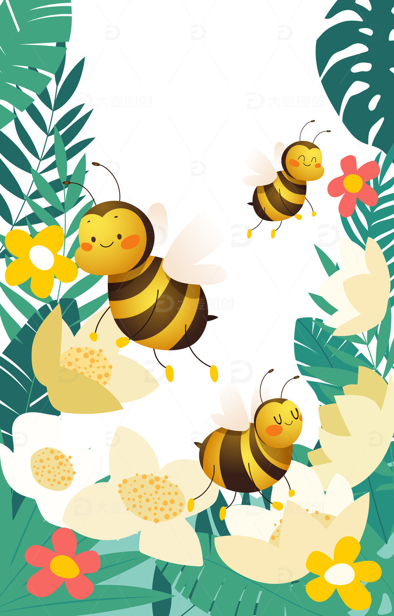 春天春季手绘蜜蜂可爱蜜蜂花朵采蜜