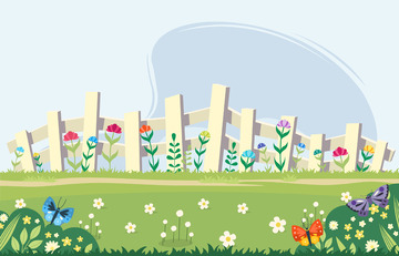 春天田园蝴蝶花朵栅栏鲜花草丛