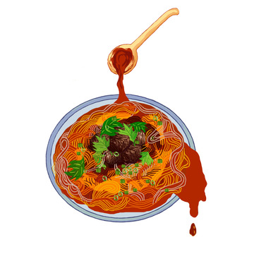 手绘食物红汤牛肉米线