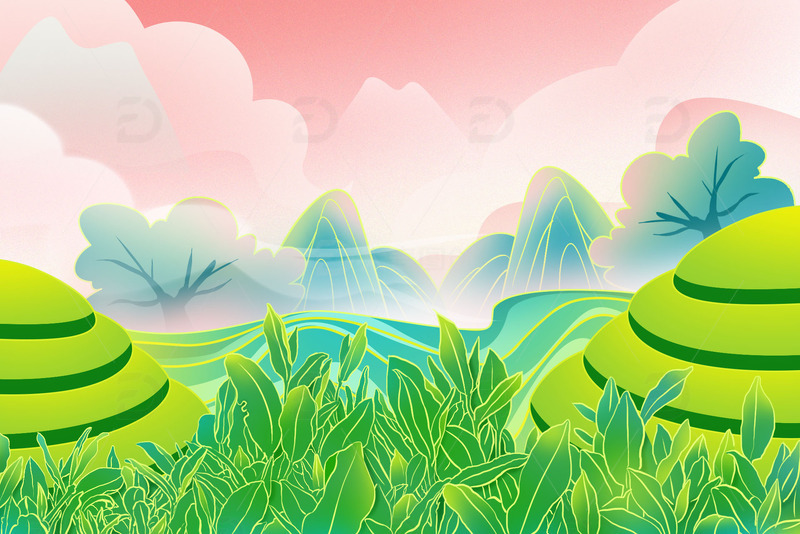 简约手绘茶园春天场景背景