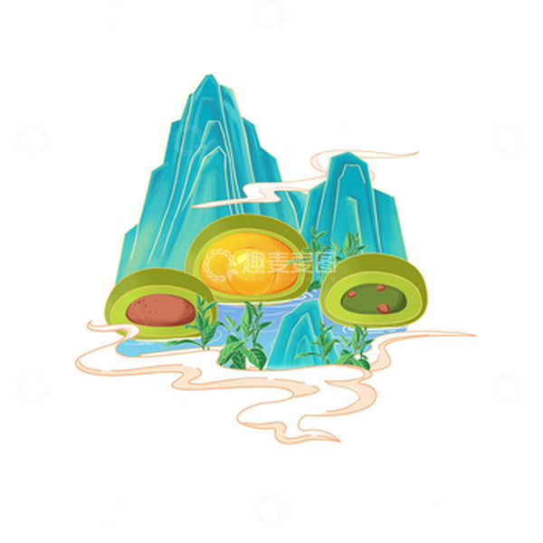 源文件下载【趣麦麦图】国潮青绿山水青团手绘图