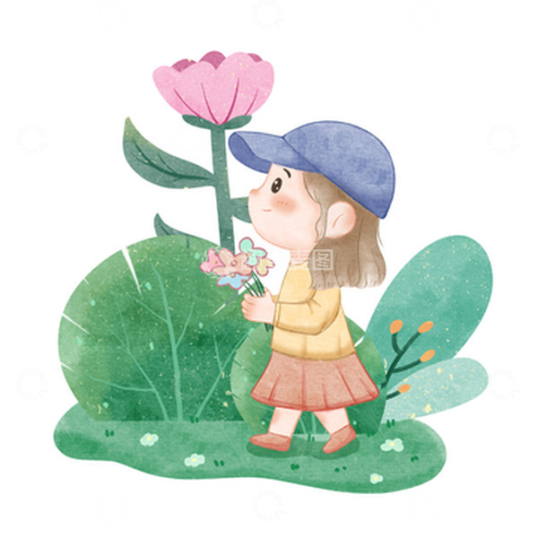 源文件下载【趣麦麦图】春天女孩捧花花小场景