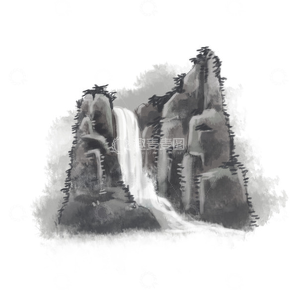 源文件下载【趣麦麦图】黑色水墨画山水瀑布