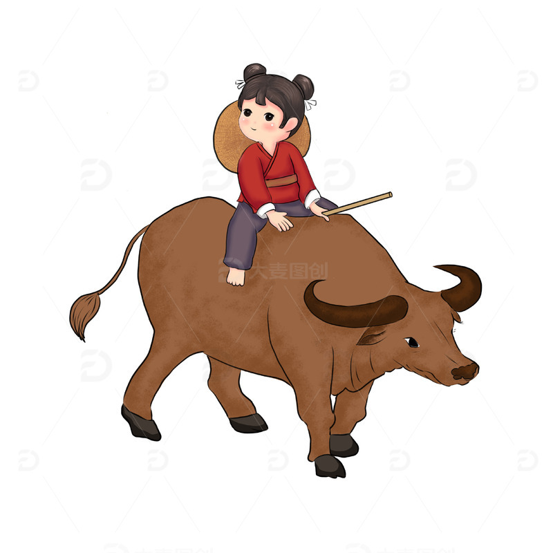 源文件下载【趣麦麦图】清明节水牛牧童牧笛
